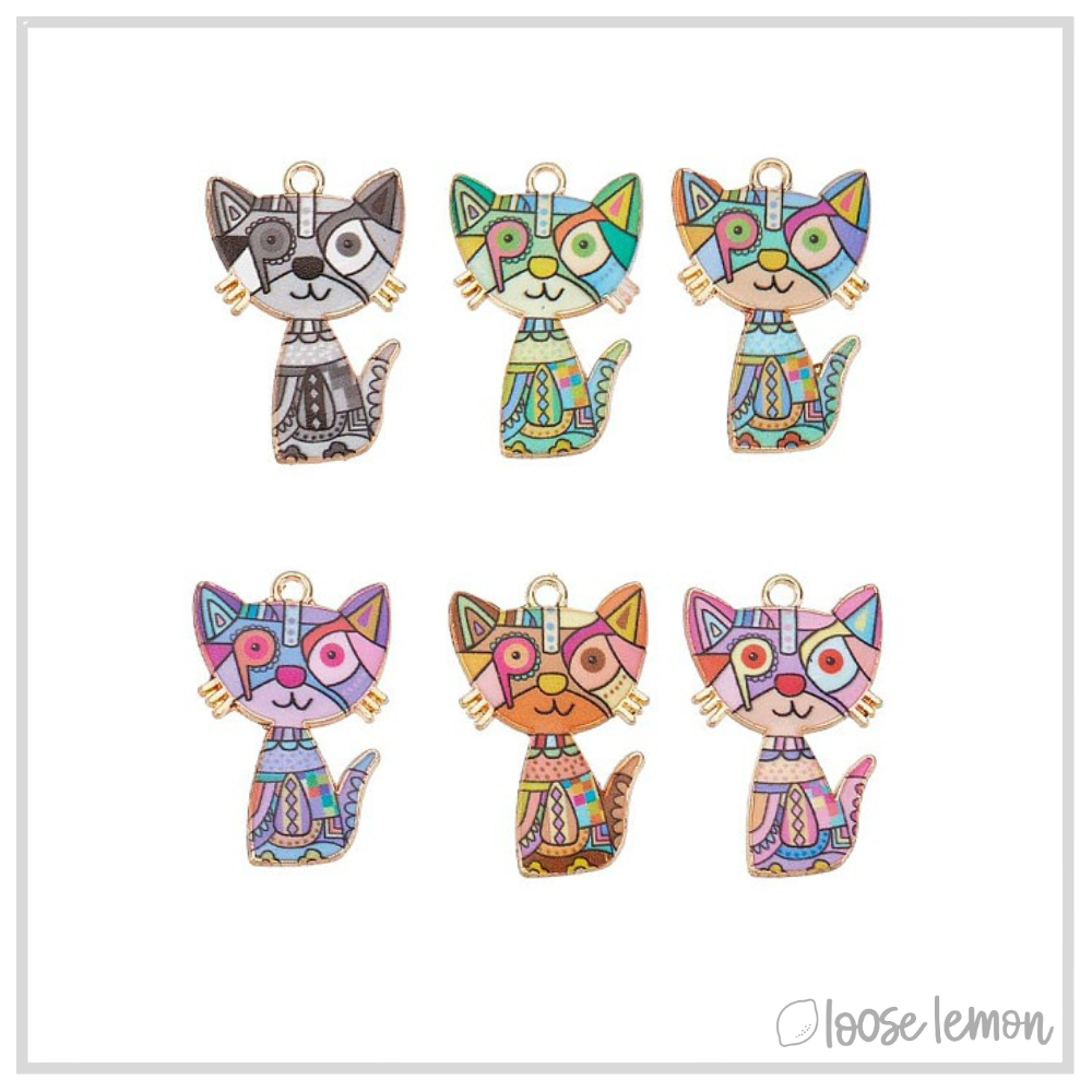 Cat Enamel Charms x 6 | (Mosaic)