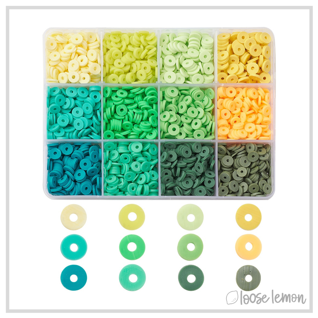16 Colour Polymer Clay Flat Beads Set (Green)