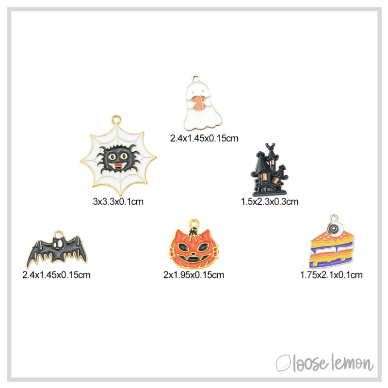 Halloween Enamel Charms x 6 | Pumpkin, Bat, Haunted House (Set 3)